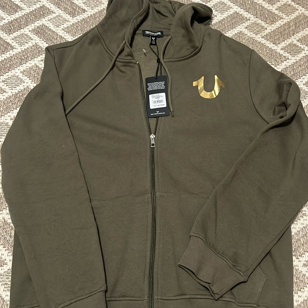 True Religion Men’s CITY BUDDHA ZIP hoodie size Large Kalamata Color
